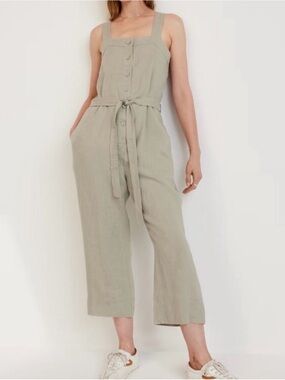 Everlane The Linen Picnic Jumpsuit Seagrass Sage Green Tie Waist Casual Size 2